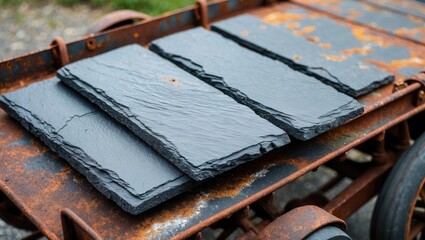 Aufkleber - Slate tiles arranged on a weathered rusty wagon showcasing texture and contrast in a rustic outdoor setting.