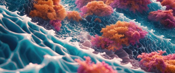 Poster - Vibrant close-up of ocean waves with colorful coral-like textures in a surreal underwater landscape.