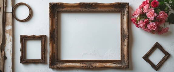Poster - Rustic Vintage Wooden Frames Arranged on White Background Ideal for Nostalgic Photography and Classic Interior Decoration