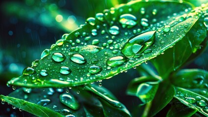 Poster - Raindrops glistening on vibrant green leaves creating a refreshing natural scene featuring droplets with vivid colors and textures.