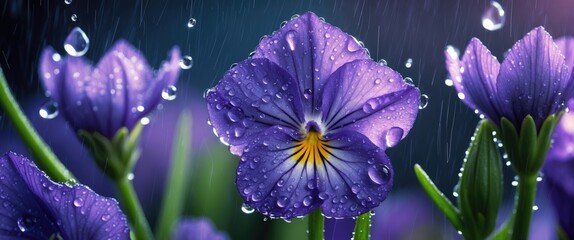 Poster - Vibrant violet flower with raindrops adorning petals in a lush garden setting capturing the essence of nature's beauty and serenity.