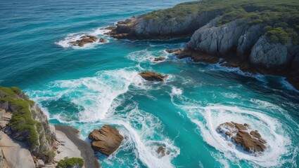 Aufkleber - Aerial View of Rocky Coastline with Turquoise Ocean Waves and Foamy Surf Among Pristine Natural Scenery Ideal for Leisure and Relaxation Themes