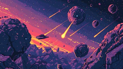 Wall Mural - a spaceship flies through a field of asteroids in space.