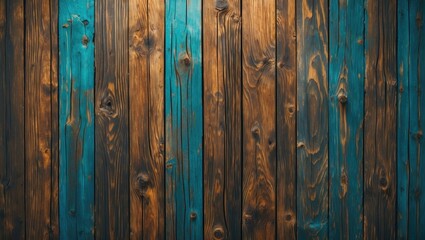 Poster - Textured vertical wooden wall with a rustic finish featuring a blend of brown and teal colors ideal for backgrounds and interior designs.