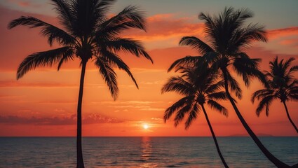 Poster - Vibrant Orange Sunset Over Calm Ocean With Palm Tree Silhouettes Creating Serenity And Tranquility For Seasonal Promotions And Advertisements