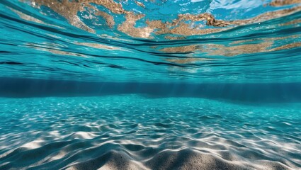 Poster - serene underwater scene of crystal clear blue ocean water and sandy sea bottom with inviting copy sp