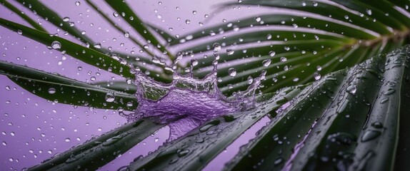 Poster - Water droplets splashing on large palm leaf against a purple background creating a vibrant and refreshing nature scene.