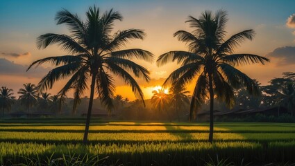 Poster - Sunset over a rice field with silhouetted palm trees against a golden-blue sky in a tranquil countryside setting.