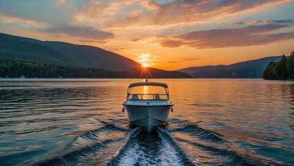 Aufkleber - Scenic Sunset Over Lake with Motor Boat Creating Ripples in Calm Waters and Majestic Mountains in Background