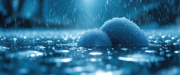 Aufkleber - Blue rain droplets on surfaces creating a serene blurred background with subtle textures and reflections in a tranquil outdoor setting.