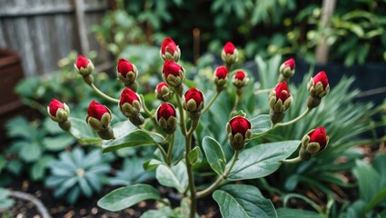 Aufkleber - Vibrant Red Buds Surrounded by Lush Green Leaves in a Tranquil Backyard Garden Setting