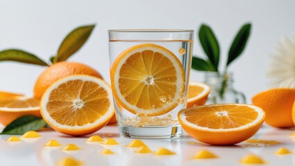 Aufkleber - Fresh Orange Slices in Water Glass with Whole Oranges and Leaves on a Light Background Ideal for Refreshing Beverage Concepts