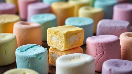 Poster - Colorful assortment of marshmallows in pastel shades arranged on a wooden surface creating a vibrant and sweet candy background.