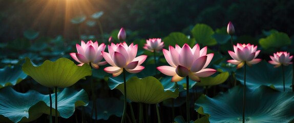 Aufkleber - Stunning pink lotus flowers in a serene pond illuminated by sunlight with lush green leaves creating a tranquil atmosphere.