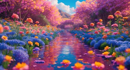Poster - Vibrant floral landscape with colorful flowers and serene waterway ideal for travel and nature exploration imagery.