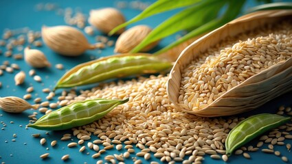 Aufkleber - Sesame pods and seeds spilling from a woven container on a vibrant blue background showcasing natural agricultural produce.