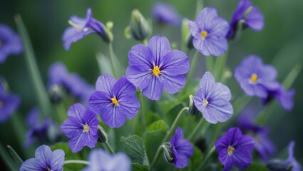 Poster - Violet Wildflowers Blooming Against Soft Green Background With Space For Text Enhancement And Nature-Themed Designs