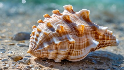 Aufkleber - Close-up View of a Beautiful Seashell on Sandy Beach near the Red Sea in Eilat, Capturing Nature's Intricate Patterns and Colors