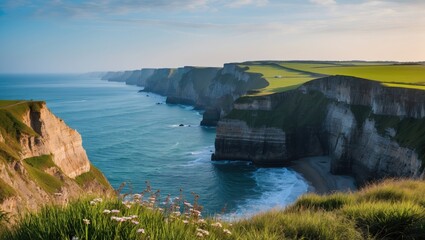 Wall Mural - Breathtaking panoramic view of rugged sea cliffs meeting the tranquil ocean under a clear sky with lush green grass in the foreground.