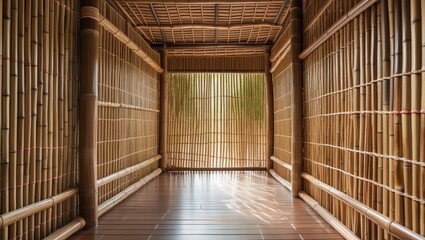Poster - Interior view of a bamboo structure showcasing intricately woven walls and wooden flooring in a serene and natural setting