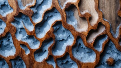 Poster - Abstract wood texture featuring unique patterns resembling mold growth creating an artistic natural design in earthy tones and blue hues.
