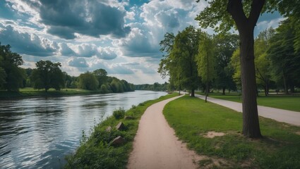 Poster - Scenic riverside walking path in summer park with lush greenery and reflections of clouds in the water captured from an aerial perspective.