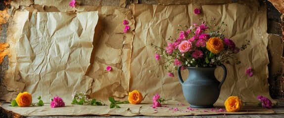 Poster - Vintage floral arrangement against textured old paper background with colorful flowers and a rustic vase creating a charming aesthetic.