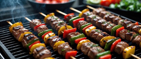 Poster - Grilled Meat and Vegetable Skewers on Barbecue with Smoky Background and Blank Space for Text Display