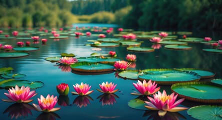 Poster - Vibrant water lilies blooming on a serene reservoir creating a picturesque natural landscape with reflections and lush greenery.