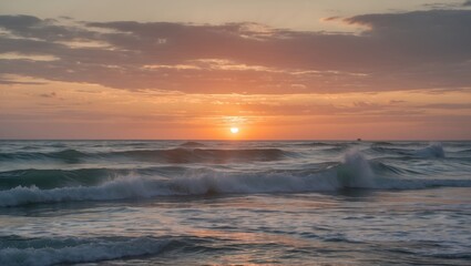 Poster - serene ocean waves at sunset with expansive sky and copy space for text