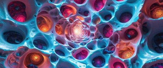 Poster - Vibrant abstract design featuring intricate, colorful patterns with a swirling texture and luminescent spheres against a surreal backdrop.