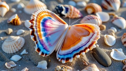 Aufkleber - Colorful butterfly-shaped sea shell among broken seashells and pebbles on sandy beach, showcasing vibrant colors in summer light.