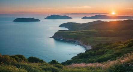 Aufkleber - Tranquil Sunset Over Coastal Landscape with Distant Islands and Lush Green Hills by the Sea