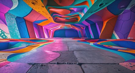 Poster - Abstract colorful concrete floor design with vibrant patterns and textures in a dynamic and visually striking indoor environment.