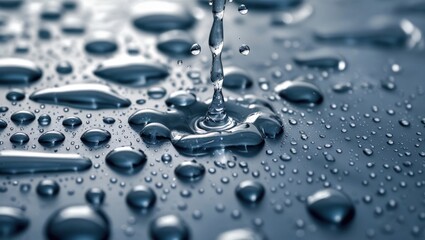 Poster - Water droplets cascading on a smooth plastic surface creating a mesmerizing abstract pattern in shades of blue and silver.
