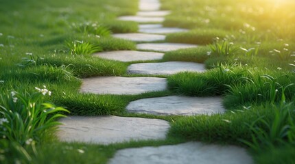 Poster - Stone pathway winding through lush green grass illuminated by natural sunlight creating a serene outdoor atmosphere.