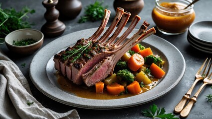 Poster - Elegant Rack of Lamb with Seasonal Vegetable Stew and Sauce on a Rustic Table Setting for Gourmet Dining and Culinary Presentation.