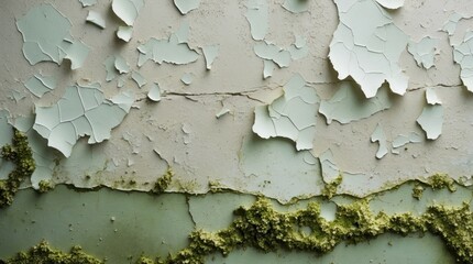 Poster - Peeling paint texture with algae growth creating a unique background for creative design or wallpaper applications.