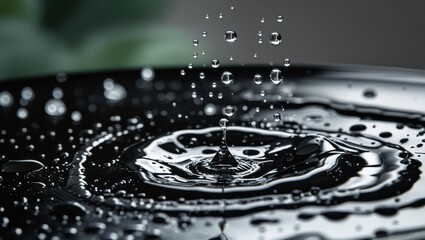 Poster - Rippling water droplets on sleek black surface showcasing dynamic movement and reflections in a minimalist setting.