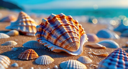 Poster - Colorful seashells scattered on a sandy beach with gentle waves in the background creating a serene coastal atmosphere.