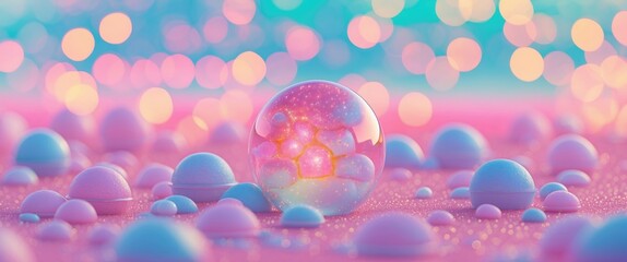 Poster - Colorful pastel bokeh background with bubbles reflecting light, creating a dreamy and whimsical atmosphere for creative projects.