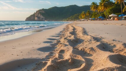 Wall Mural - Footprints in the Sand on a Serene Beach with Gentle Waves and Lush Palm Trees Ideal for Vacation and Travel Related Content