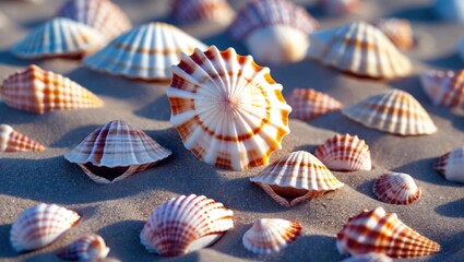 Aufkleber - Seashells scattered on sandy beach creating a natural texture for design elements or backgrounds in coastal themed projects.