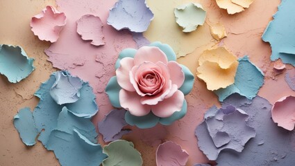Poster - Pastel colored textured background with delicate flower and artistic paper petals for creative design and decoration themes