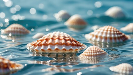 Poster - Vibrant Seashells Floating in Clear Water Suitable for Summer Promotions, Cosmetics, and Beverage Advertisements, Vertical Orientation