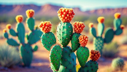 Poster - Vibrant prickly pear cactus with green pads and bright orange buds set against a softly blurred desert landscape showcasing natural beauty.