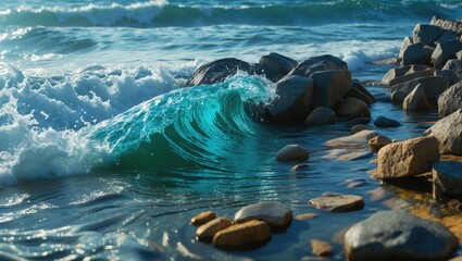 Poster - Cresting turquoise wave crashing over coastal rocks in serene ocean setting showcasing the beauty of nature's elements and textures.