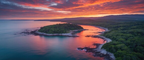 Poster - Coastal Vibrant Sunset Aerial View with Serene Water and Lush Greenery Ideal for Nature Background or Promotional Text Space