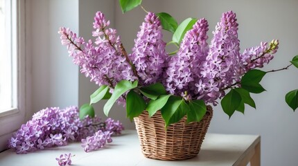 Aufkleber - Blooming purple lilacs with green leaves arranged in a wicker basket on a light table creating a cozy and inviting home decor scene.