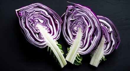 Aufkleber - Sliced purple cabbage halves arranged on a dark background showcasing vibrant colors and intricate textures of the vegetable